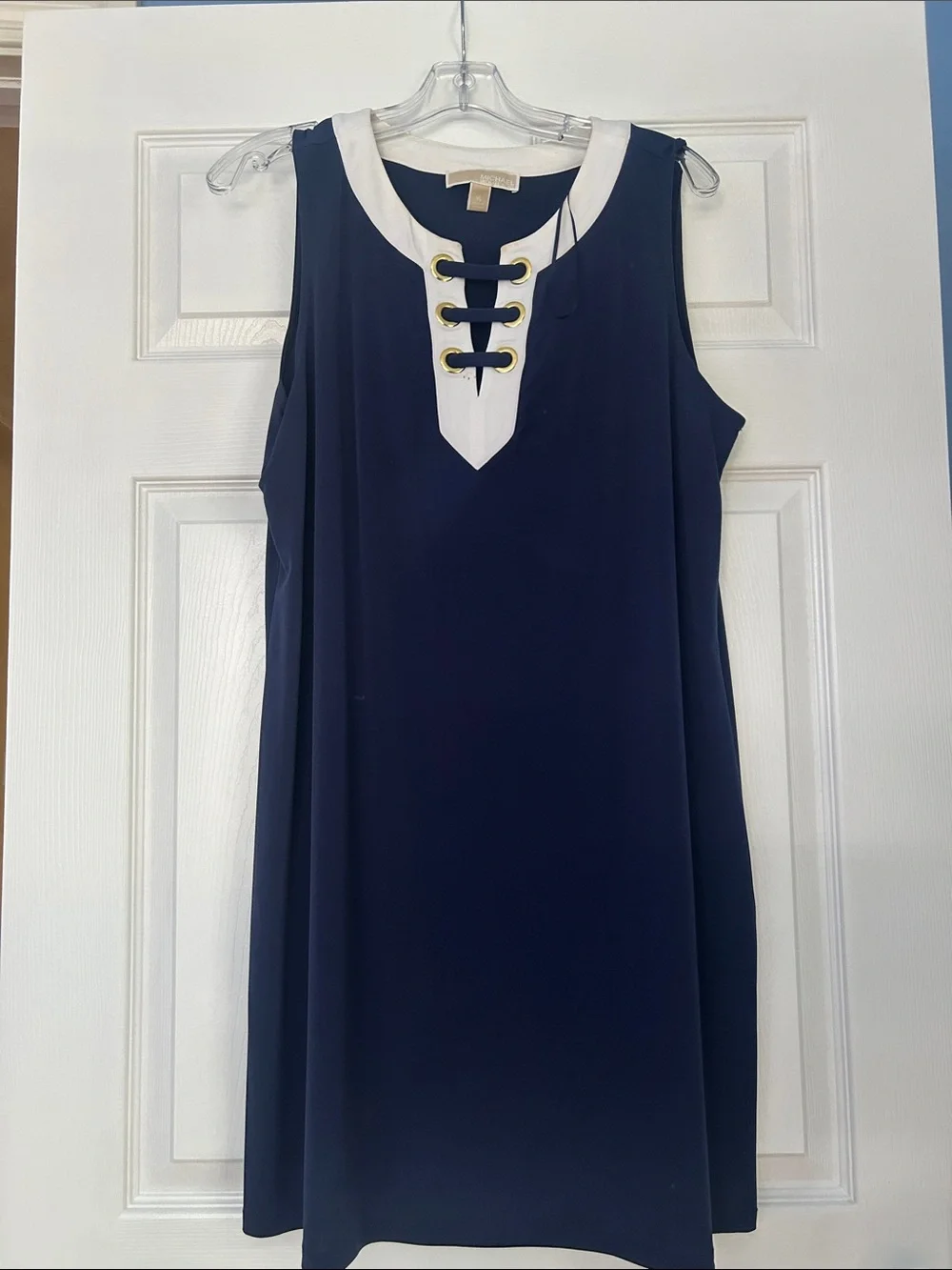 Michael Kors XL Sleeveless Navy Shift Dress with White Trim and Lace-up Detail